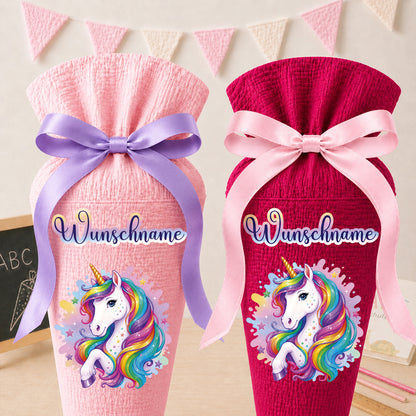 Schultüte Einhorn Regenbogen, personalisierte Schultüte aus Stoff Musselin mit Wunschname individualisierbar, 70cm (85-90cm), 20 Grundfarben