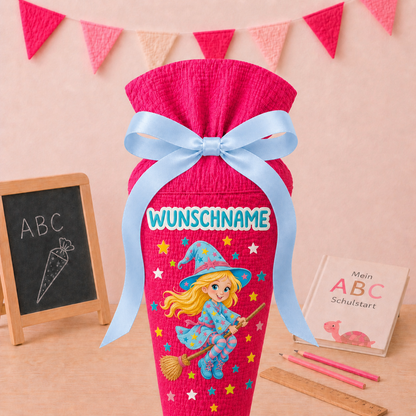 Schultüte Hexe, personalisierte Schultüte aus Stoff Musselin mit Wunschname individualisierbar, 70cm (85-90cm), 20 Grundfarben