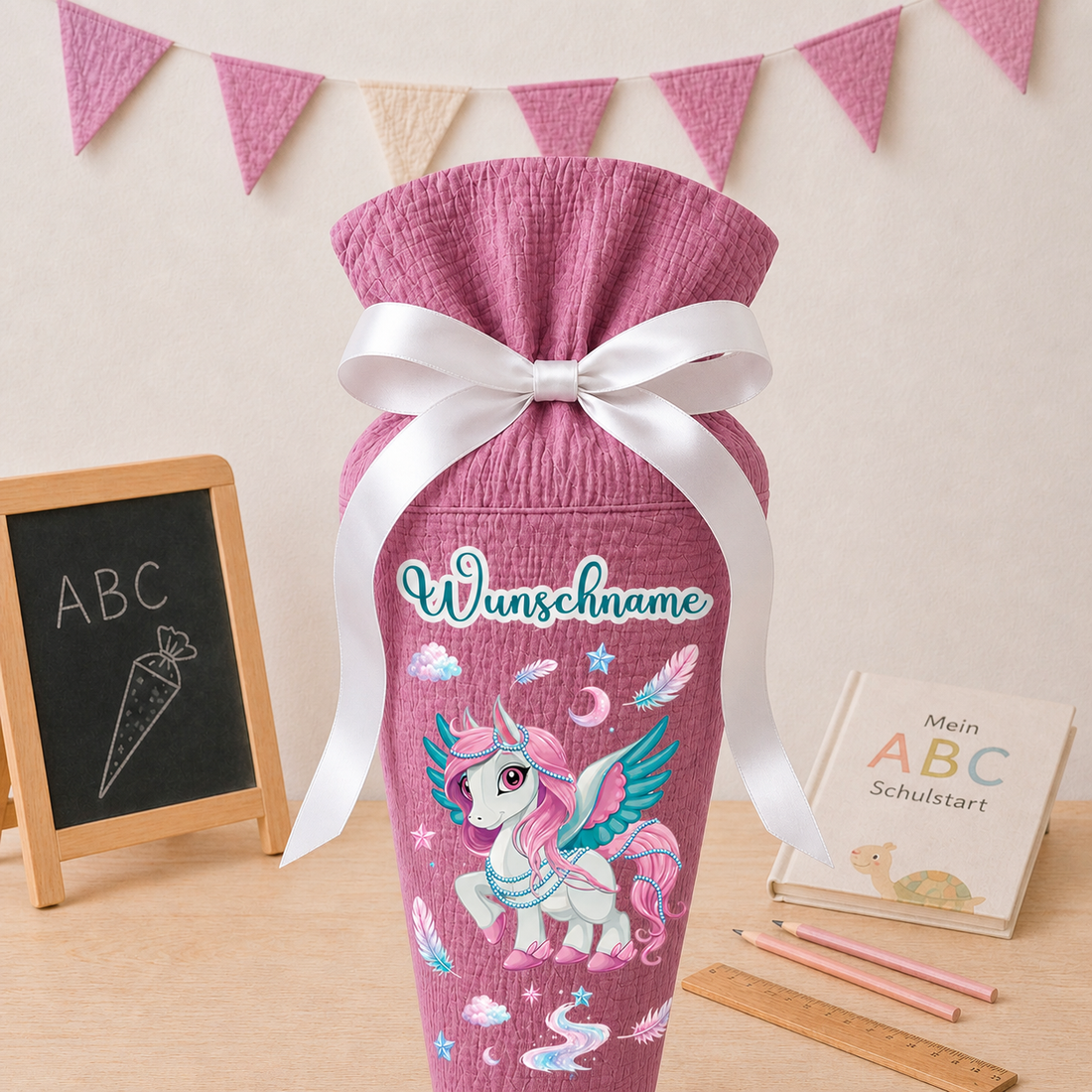 Schultüte Pegaus, personalisierte Schultüte aus Stoff Musselin mit Wunschname individualisierbar, 70cm (85-90cm), 20 Grundfarben