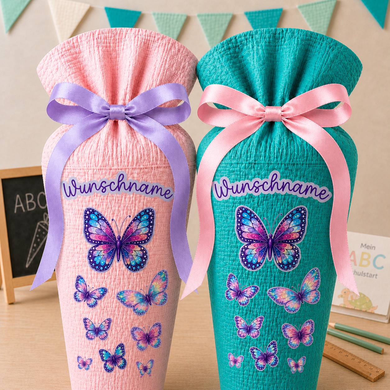 Schultüte rainbow butterfly, Schmetterlinge, personalisierte Schultüte aus Stoff Musselin mit Wunschname individualisierbar, 70cm (85-90cm), 20 Grundfarben