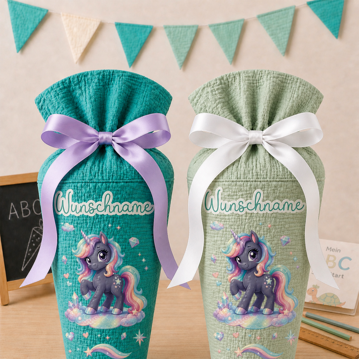 Schultüte Einhorn, personalisierte Schultüte aus Stoff Musselin mit Wunschname individualisierbar, 70cm (85-90cm), 20 Grundfarben