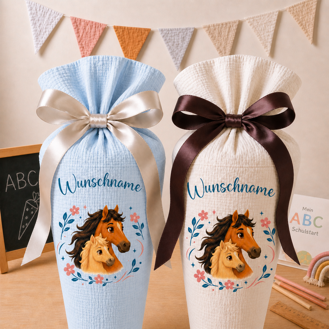 Schultüte Pferd &amp; Fohlen, personalisierte Schultüte aus Stoff Musselin mit Wunschname individualisierbar, 70cm (85-90cm), 20 Grundfarben