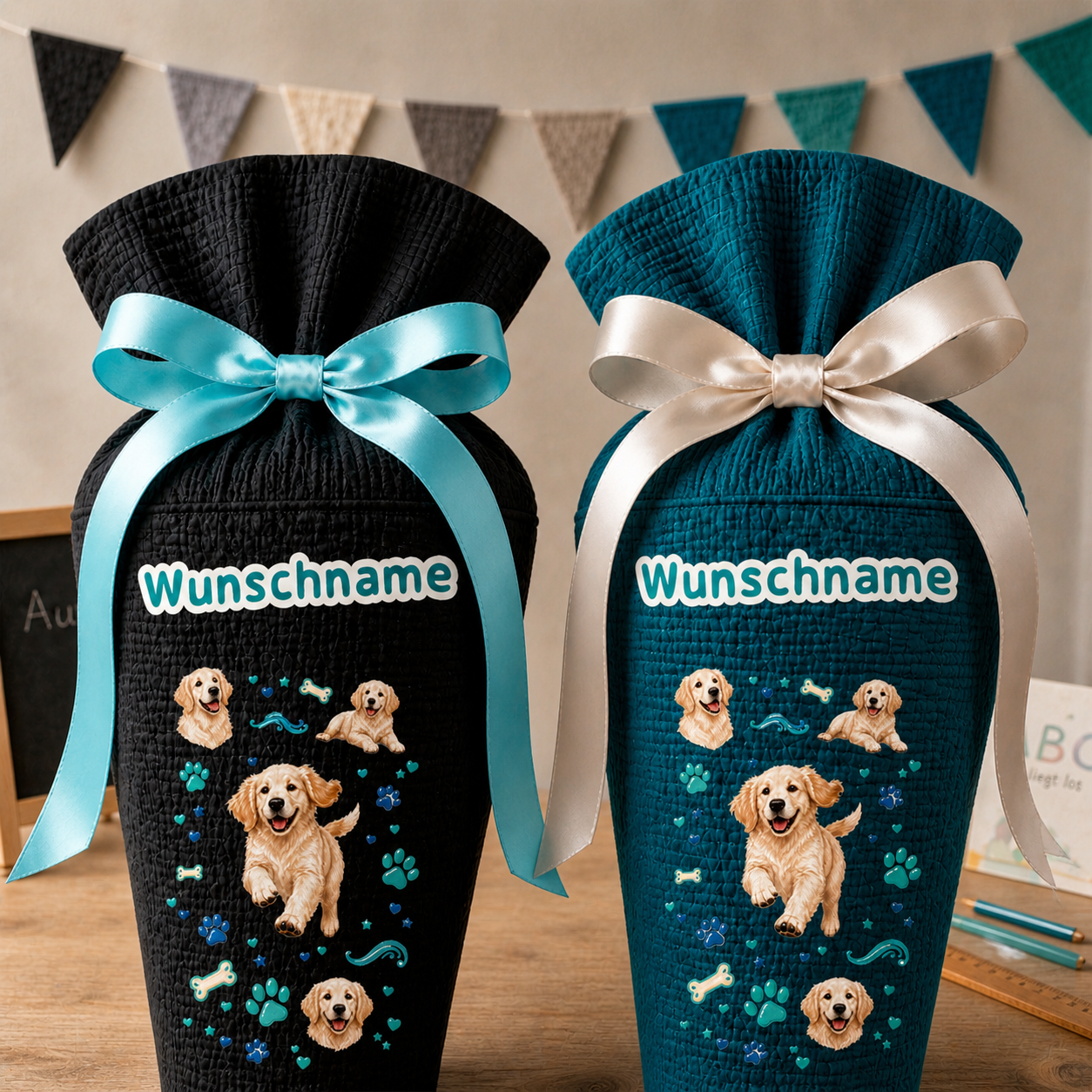 Schultüte Hunde, personalisierte Schultüte aus Stoff Musselin mit Wunschname individualisierbar, 70cm (85-90cm), 20 Grundfarben