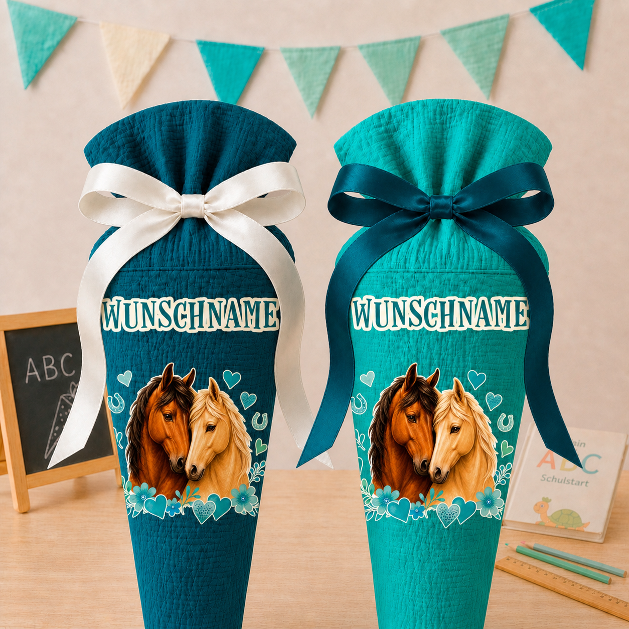 Schultüte Pferde, personalisierte Schultüte aus Stoff Musselin mit Wunschname individualisierbar, 70cm (85-90cm), 20 Grundfarben