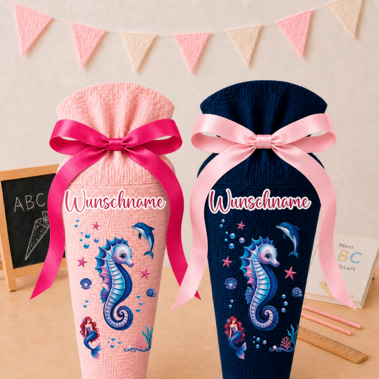 Schultüte Seepferdchen, personalisierte Schultüte aus Stoff Musselin mit Wunschname individualisierbar, 70cm (85-90cm), 20 Grundfarben