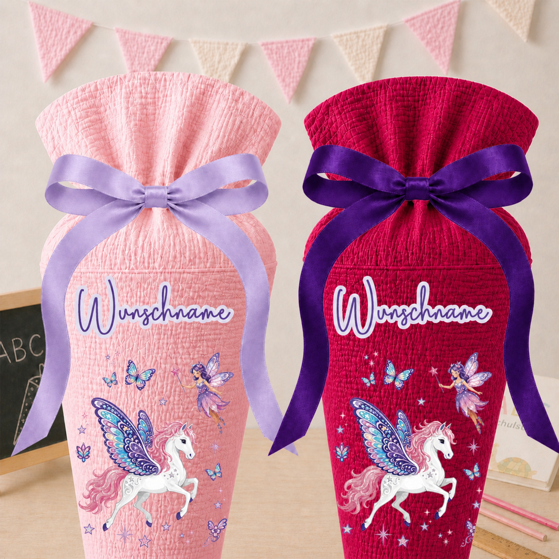 Schultüte Pegasus, personalisierte Schultüte aus Stoff Musselin mit Wunschname individualisierbar, 70cm (85-90cm), 20 Grundfarben