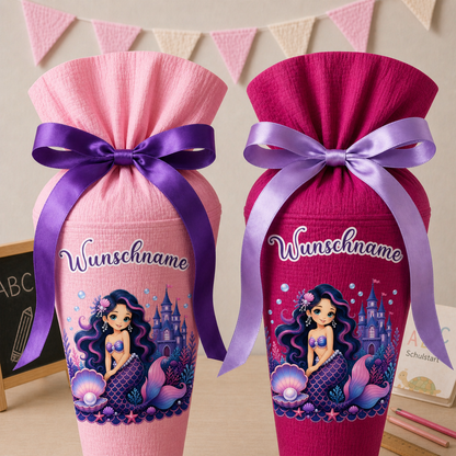 Schultüte Meerjungfrau, personalisierte Schultüte aus Stoff Musselin mit Wunschname individualisierbar, 70cm (85-90cm), 20 Grundfarben