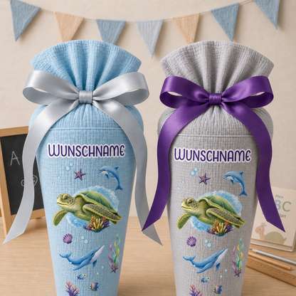 Schultüte Schildkröte, personalisierte Schultüte aus Stoff Musselin mit Wunschname individualisierbar, 70cm (85-90cm), 20 Grundfarben