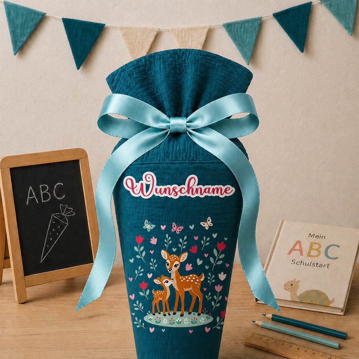 Schultüte Rehkitz / Rehe, personalisierte Schultüte aus Stoff Musselin mit Wunschname individualisierbar, 70cm (85-90cm), 20 Grundfarben
