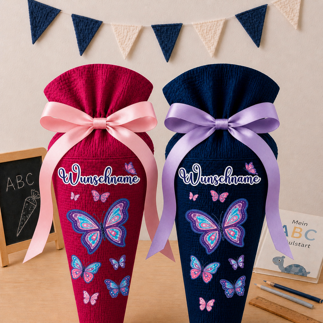 Schultüte Schmetterlinge, personalisierte Schultüte aus Stoff Musselin mit Wunschname individualisierbar, 70cm (85-90cm), 20 Grundfarben