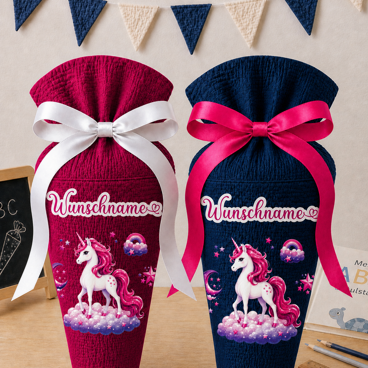 Schultüte Einhorn, personalisierte Schultüte aus Stoff Musselin mit Wunschname individualisierbar, 70cm (85-90cm), 20 Grundfarben