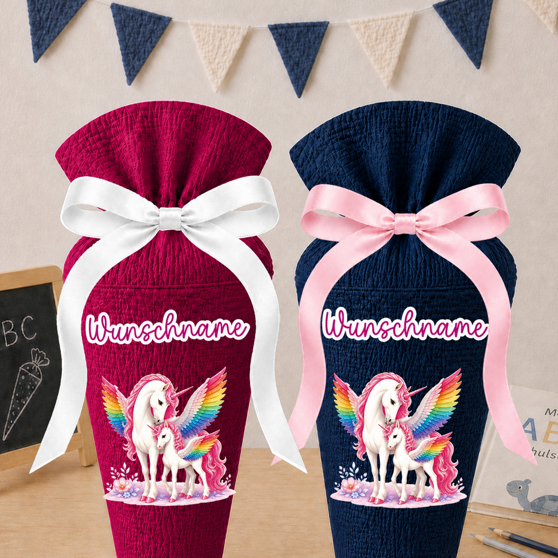 Schultüte Pegasus, personalisierte Schultüte aus Stoff Musselin mit Wunschname individualisierbar, 70cm (85-90cm), 20 Grundfarben