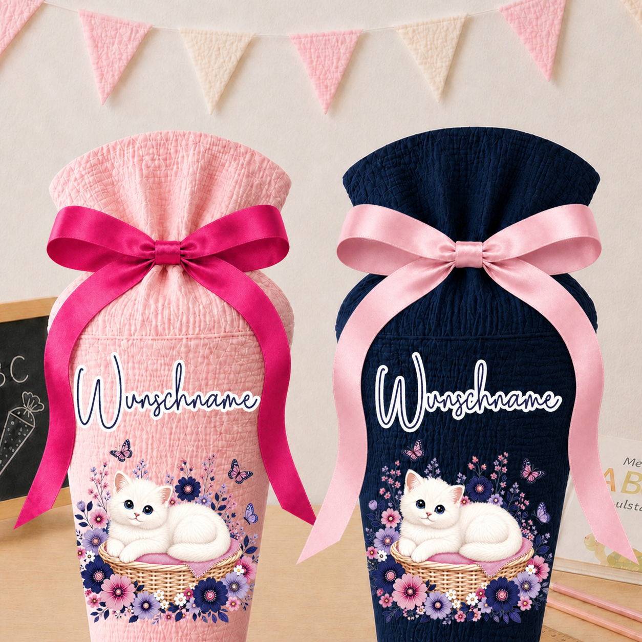 Schultüte Katze, personalisierte Schultüte aus Stoff Musselin mit Wunschname individualisierbar, 70cm (85-90cm), 20 Grundfarben