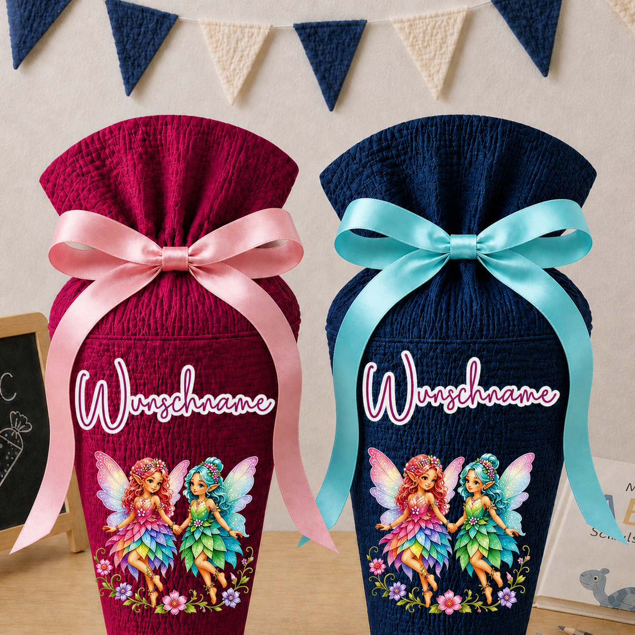 Schultüte Feen / Elfen, personalisierte Schultüte aus Stoff Musselin mit Wunschname individualisierbar, 70cm (85-90cm), 20 Grundfarben