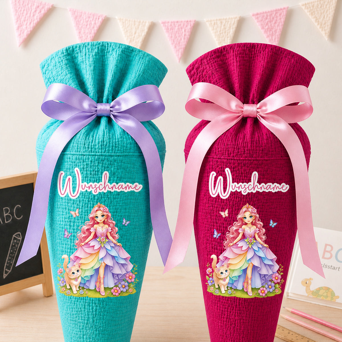 Schultüte Prinzessin, personalisierte Schultüte aus Stoff Musselin mit Wunschname individualisierbar, 70cm (85-90cm), 20 Grundfarben