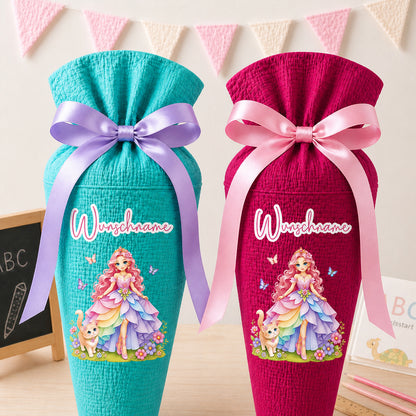 Schultüte Prinzessin, personalisierte Schultüte aus Stoff Musselin mit Wunschname individualisierbar, 70cm (85-90cm), 20 Grundfarben