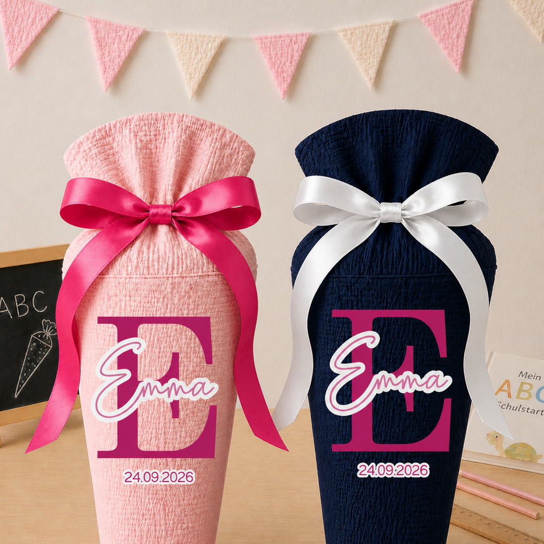 Schultüte Wunschname schlicht, personalisierte Schultüte aus Stoff Musselin mit Name + Datum individualisierbar, 70cm (85-90cm), 20 Grundfarben