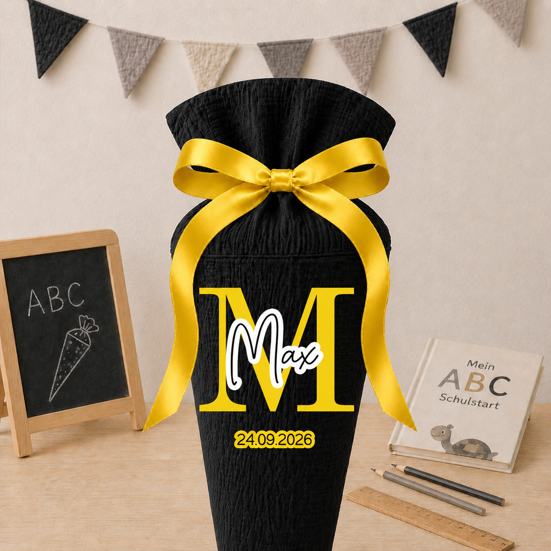 Schultüte Wunschname Vereinsfarben, personalisierte Schultüte aus Stoff Musselin mit Name + Datum individualisierbar, 70cm (85-90cm), 20 Grundfarben