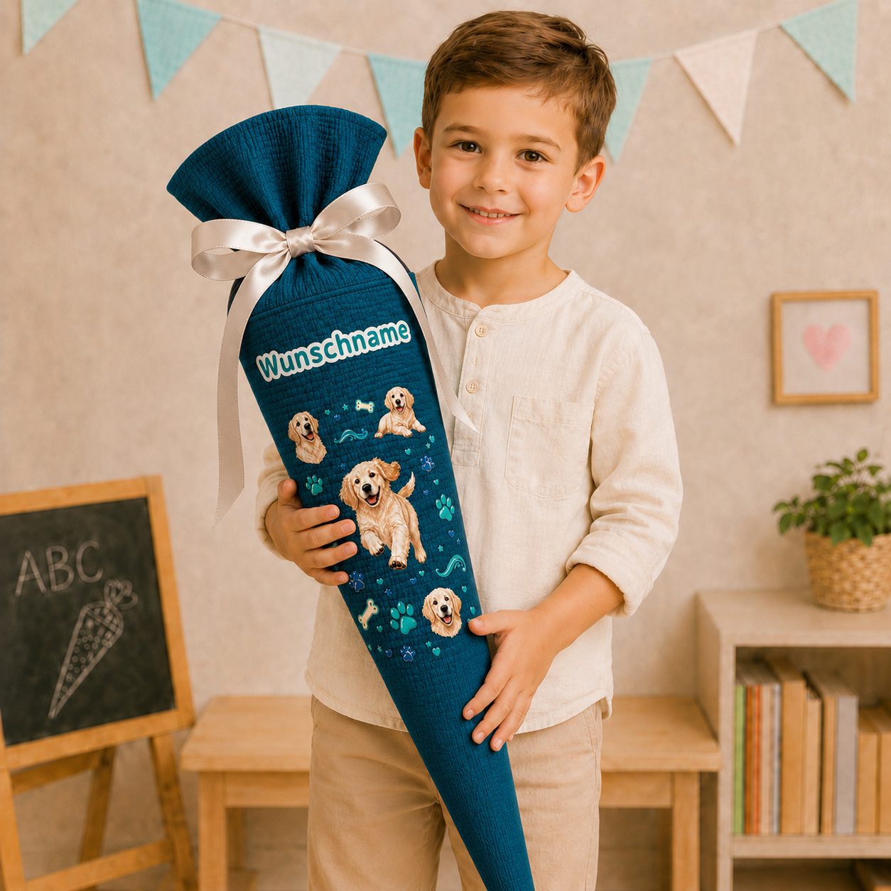 Schultüte Hunde, personalisierte Schultüte aus Stoff Musselin mit Wunschname individualisierbar, 70cm (85-90cm), 20 Grundfarben