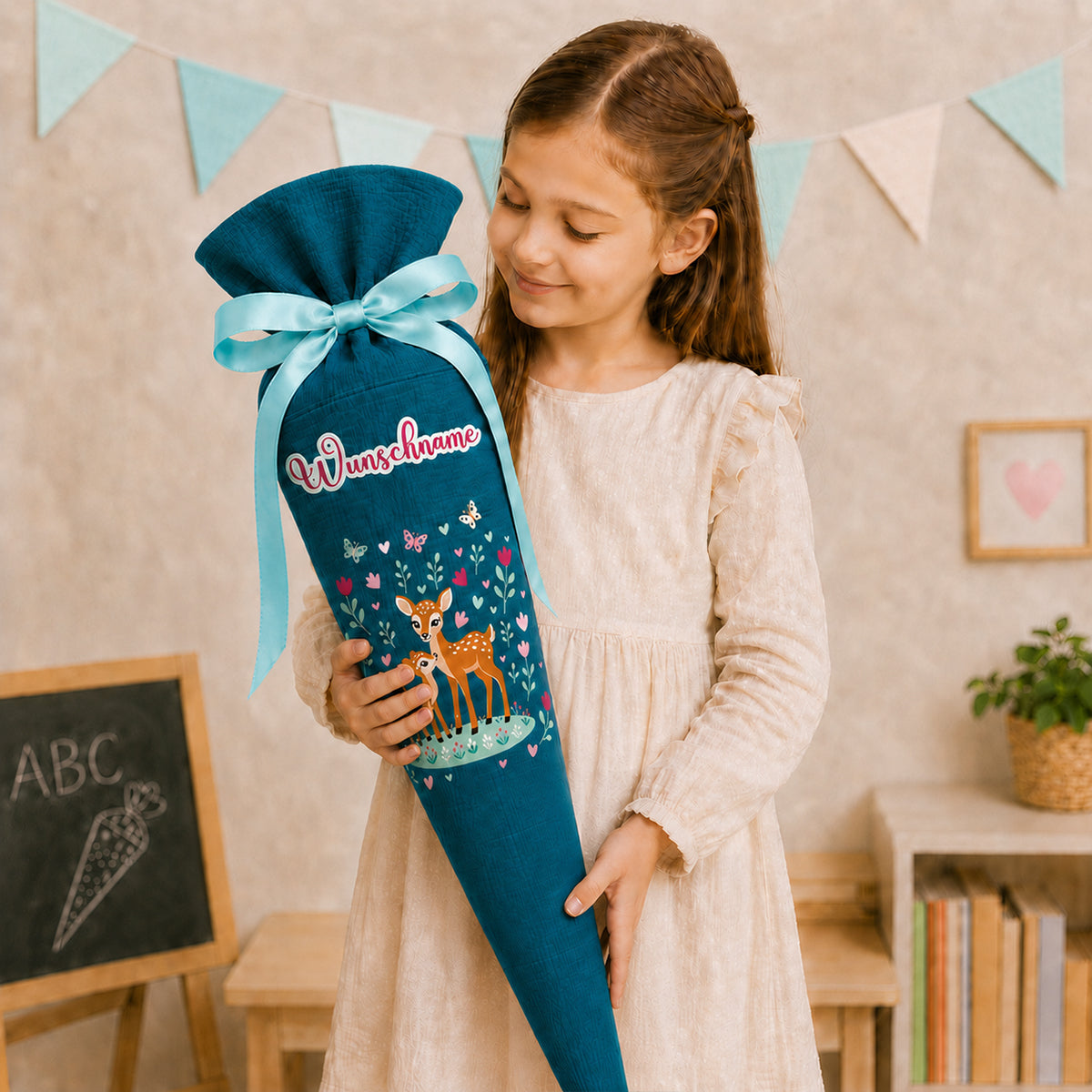 Schultüte Pferde, personalisierte Schultüte aus Stoff Musselin mit Wunschname individualisierbar, 70cm (85-90cm), 20 Grundfarben