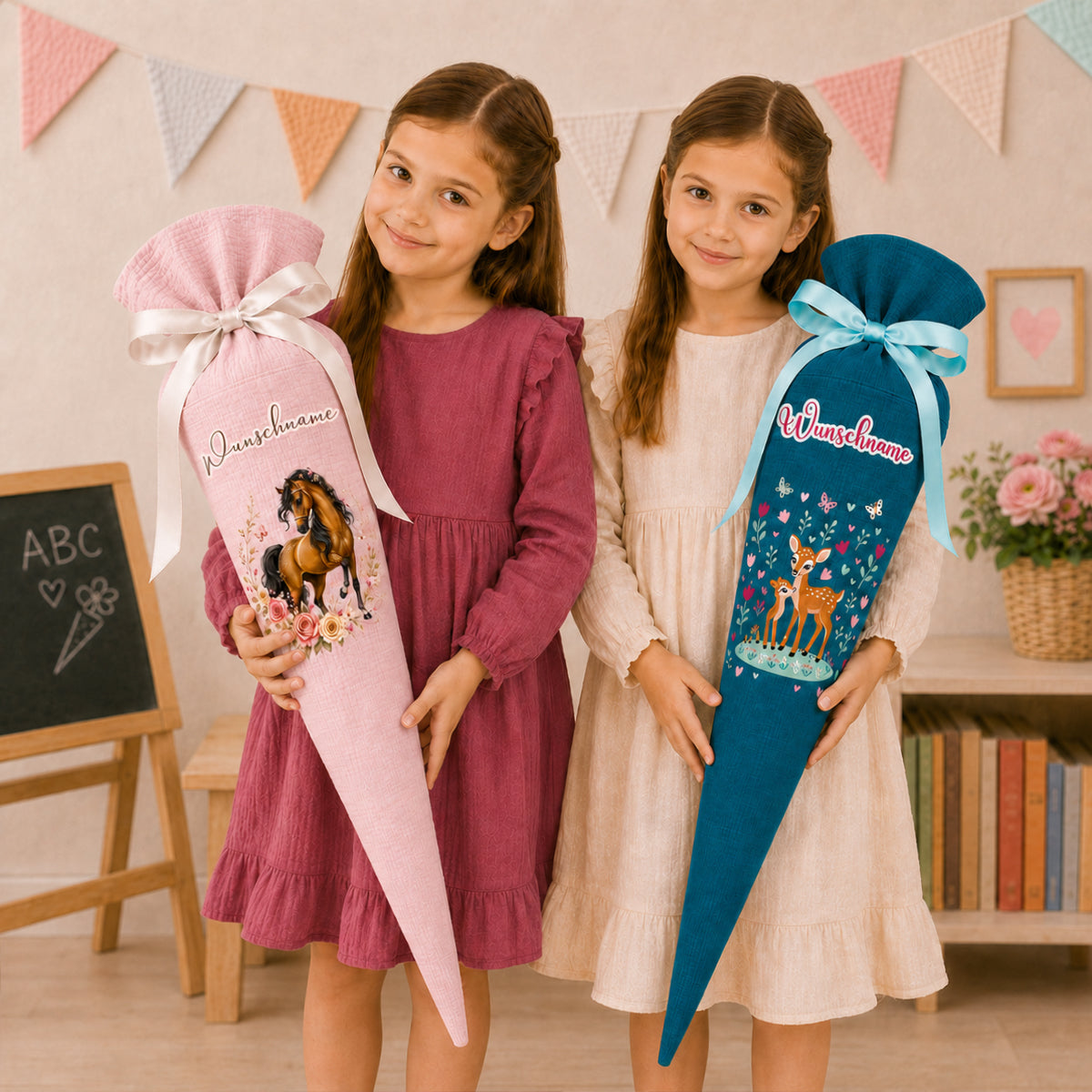 Schultüte Regenbogen, personalisierte Schultüte aus Stoff Musselin mit Wunschname individualisierbar, 70cm (85-90cm), 20 Grundfarben