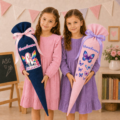 Schultüte Pferde, personalisierte Schultüte aus Stoff Musselin mit Wunschname individualisierbar, 70cm (85-90cm), 20 Grundfarben
