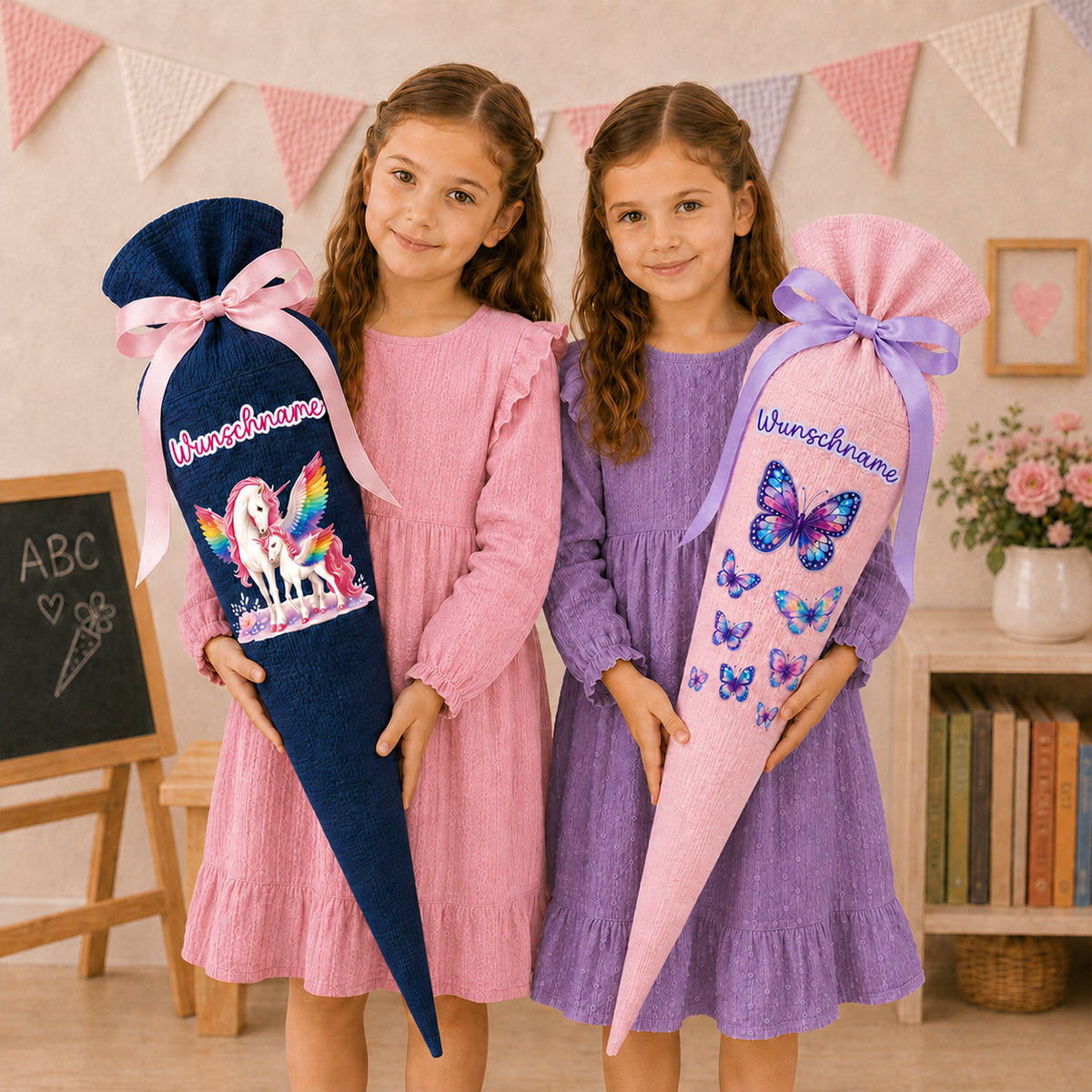 Schultüte Einhorn, personalisierte Schultüte aus Stoff Musselin mit Wunschname individualisierbar, 70cm (85-90cm), 20 Grundfarben
