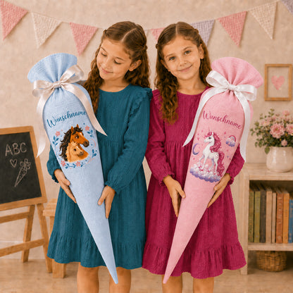 Schultüte Schildkröte, personalisierte Schultüte aus Stoff Musselin mit Wunschname individualisierbar, 70cm (85-90cm), 20 Grundfarben