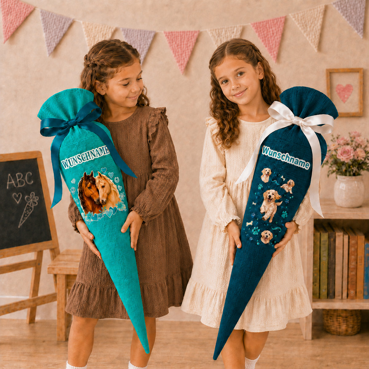 Schultüte Einhorn, personalisierte Schultüte aus Stoff Musselin mit Wunschname individualisierbar, 70cm (85-90cm), 20 Grundfarben