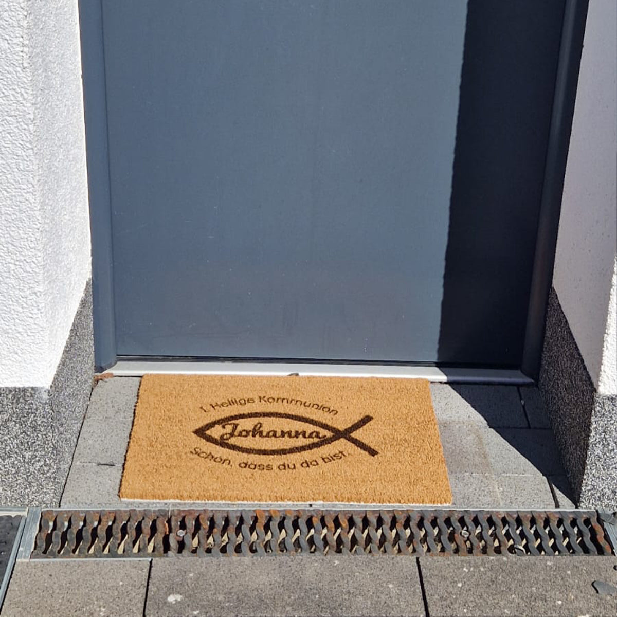 Personalisierte Fußmatte Kommunion "Fisch", mit deinem Wunschnamen und Wunschtext, Fussmatte aus Kokosfasern