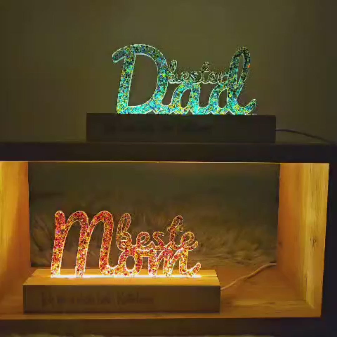 "Bester Dad" (besterPapa), personalisierte Tischlampe / Licht / Nachtlich Glitter-Konfetti gold, LED Lampe mit Wunschgravur (Kopie)